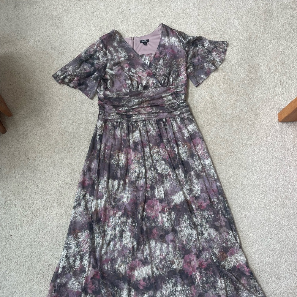 SLNY Purple and Gray Ruched Maxi Sundress